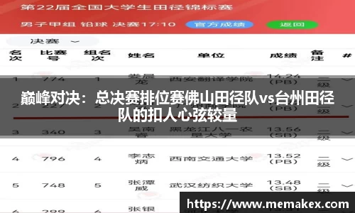 巅峰对决：总决赛排位赛佛山田径队vs台州田径队的扣人心弦较量